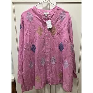 NWT J Jill Embroidered Tunic Top Womens Size Large 100% Cotton Button Down Pink